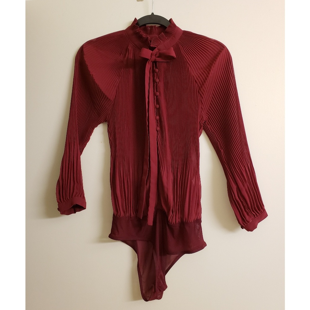 Sexy Sheer Lace Tie Neck Pleated Chiffon Snap Bodysuit Button Blouse Shirt Top